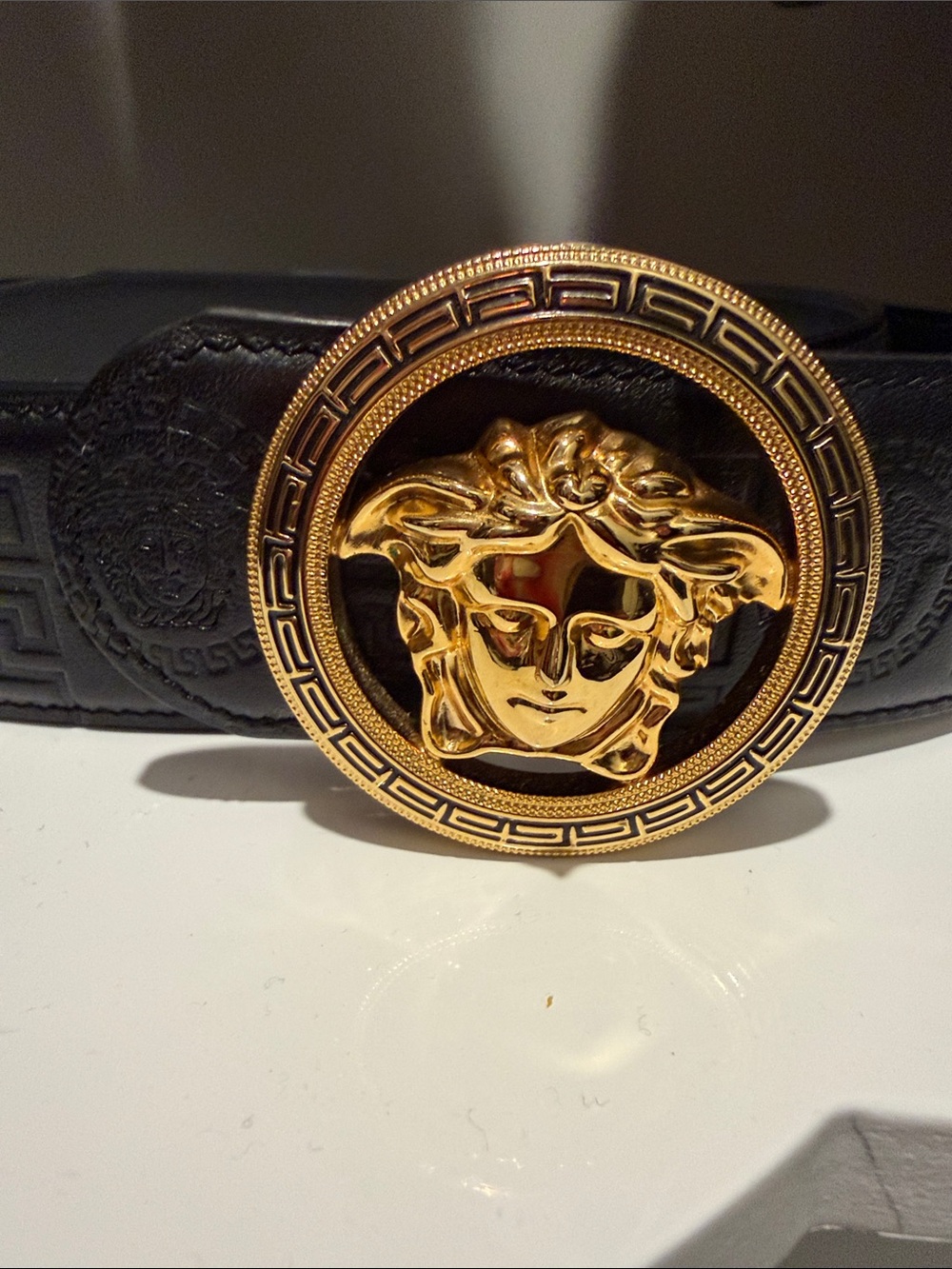 Versace Black Leather Belt with Gold Medusa Round Buckle 46”